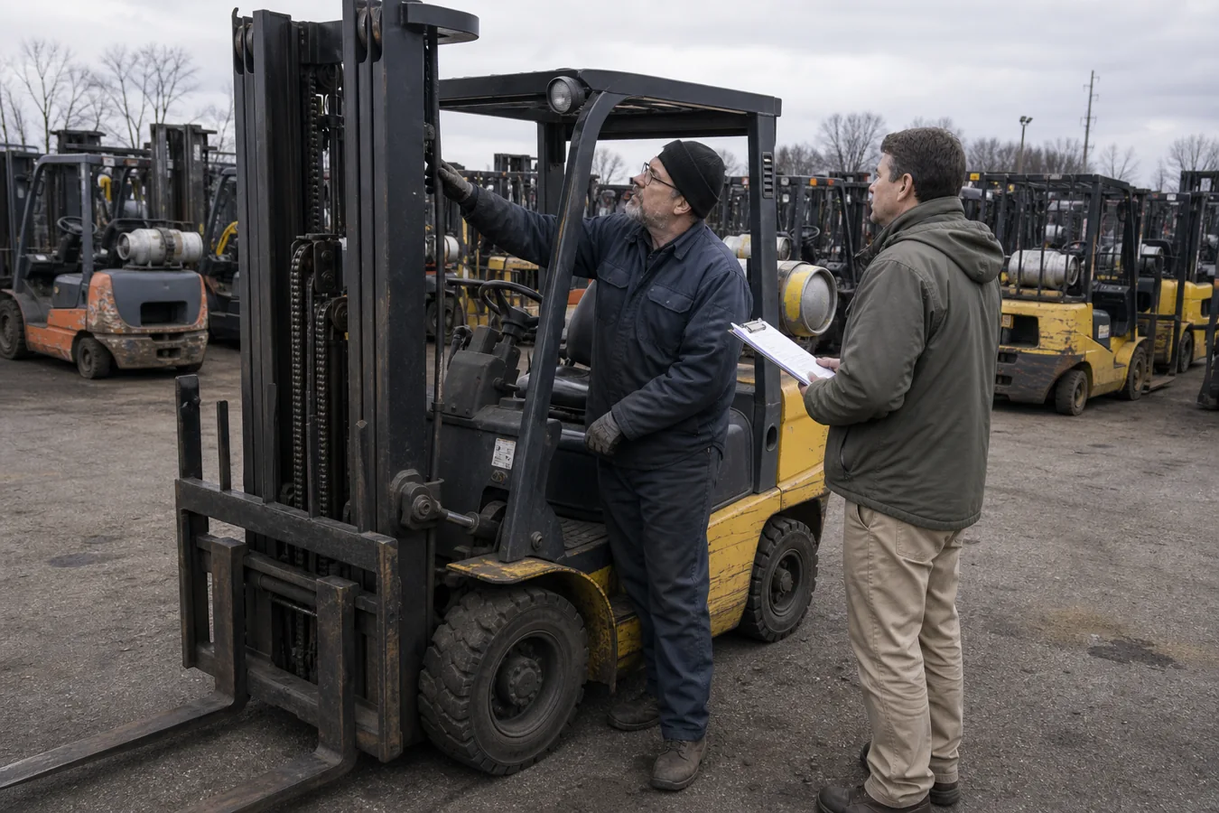 Forklift dealer technician and operations manager inspecting equipment