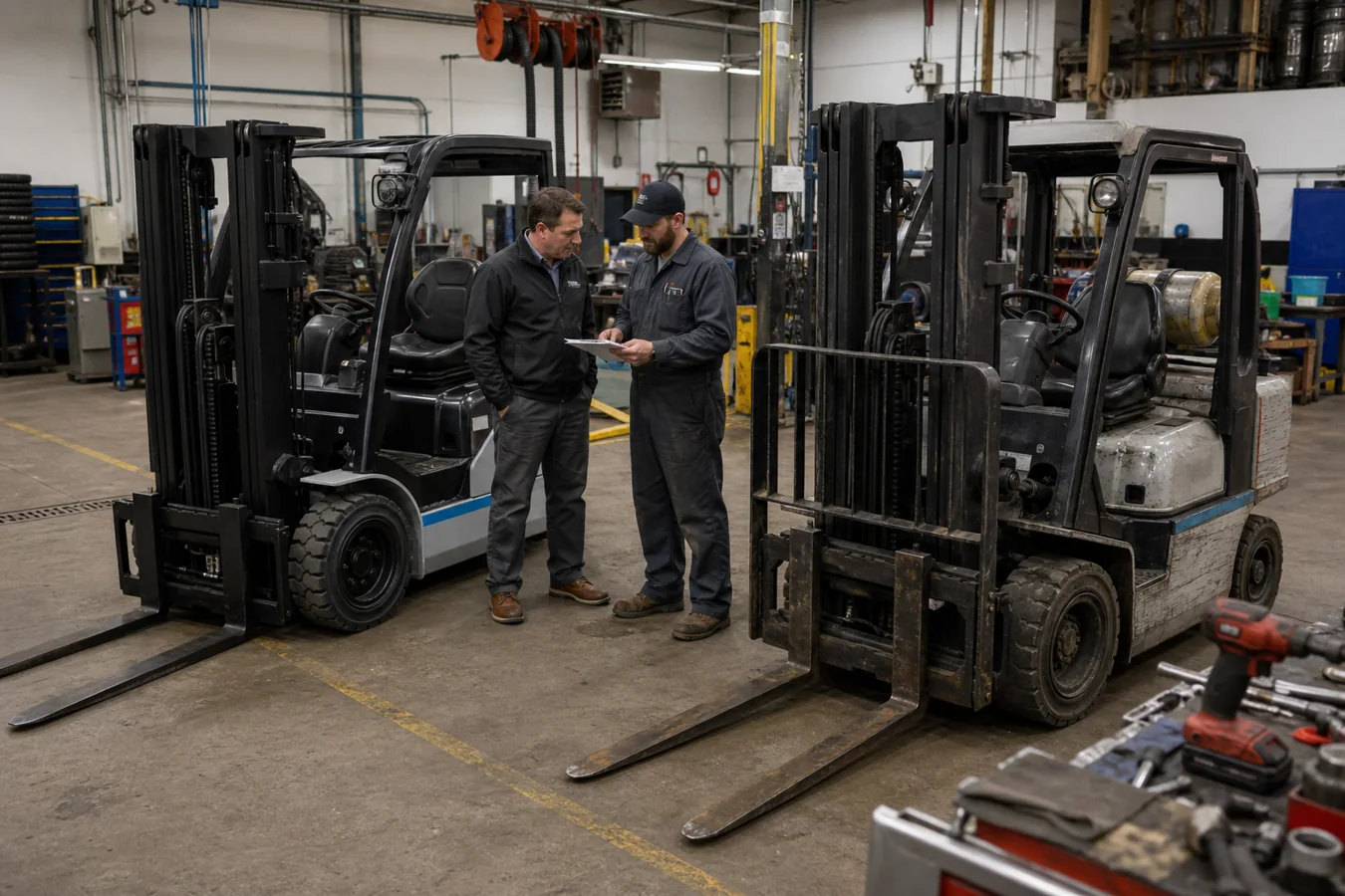 Technician inspecting a used forklift before sale