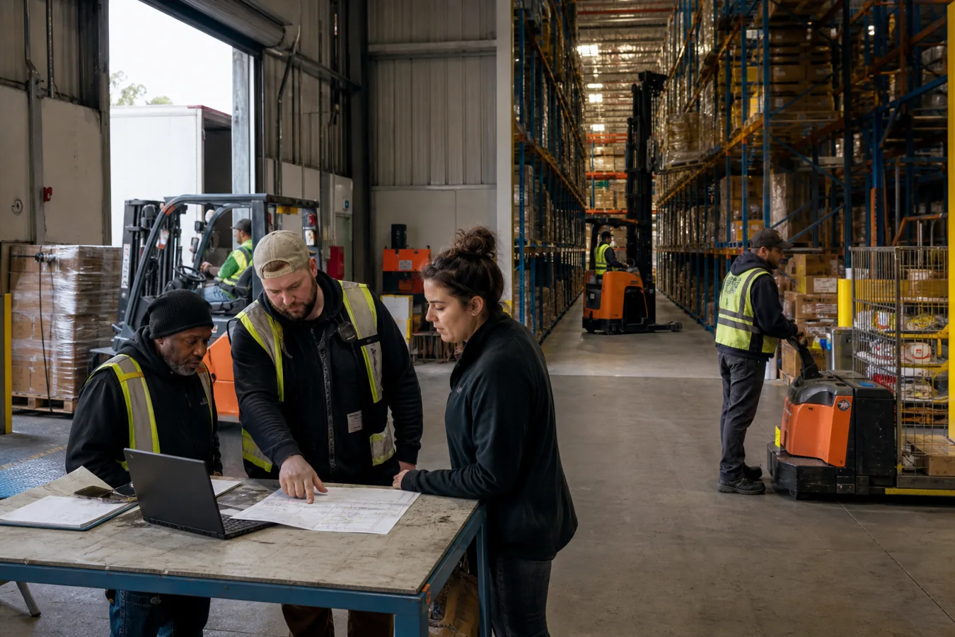 Warehouse team comparing forklift requirements