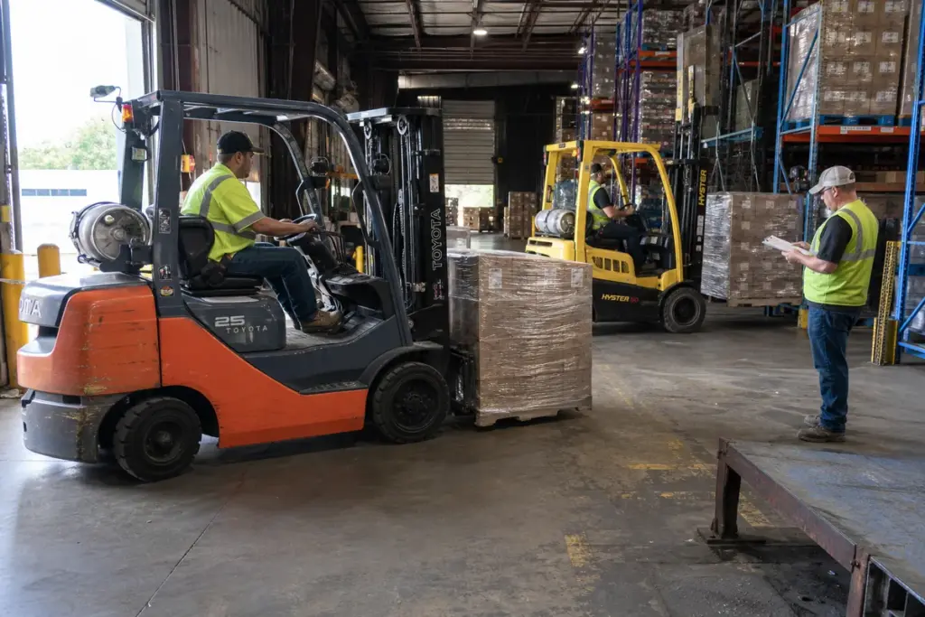 Sit-down forklifts and warehouse staff moving palletized inventory