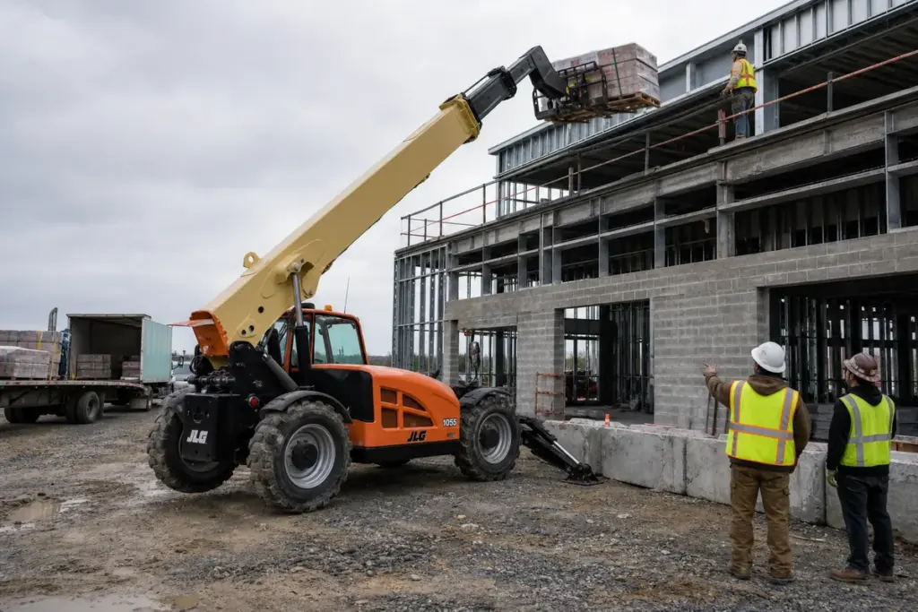 JLG telehandler placing building materials at a commercial construction project