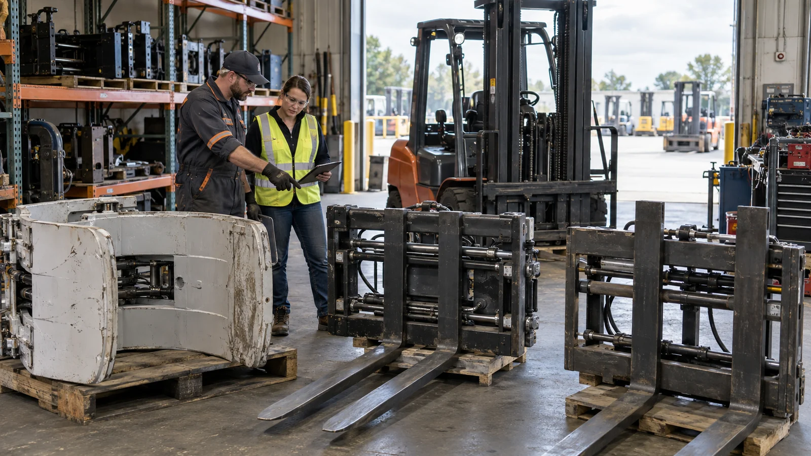 Technician inspecting a forklift sideshifter and fork-positioning attachment