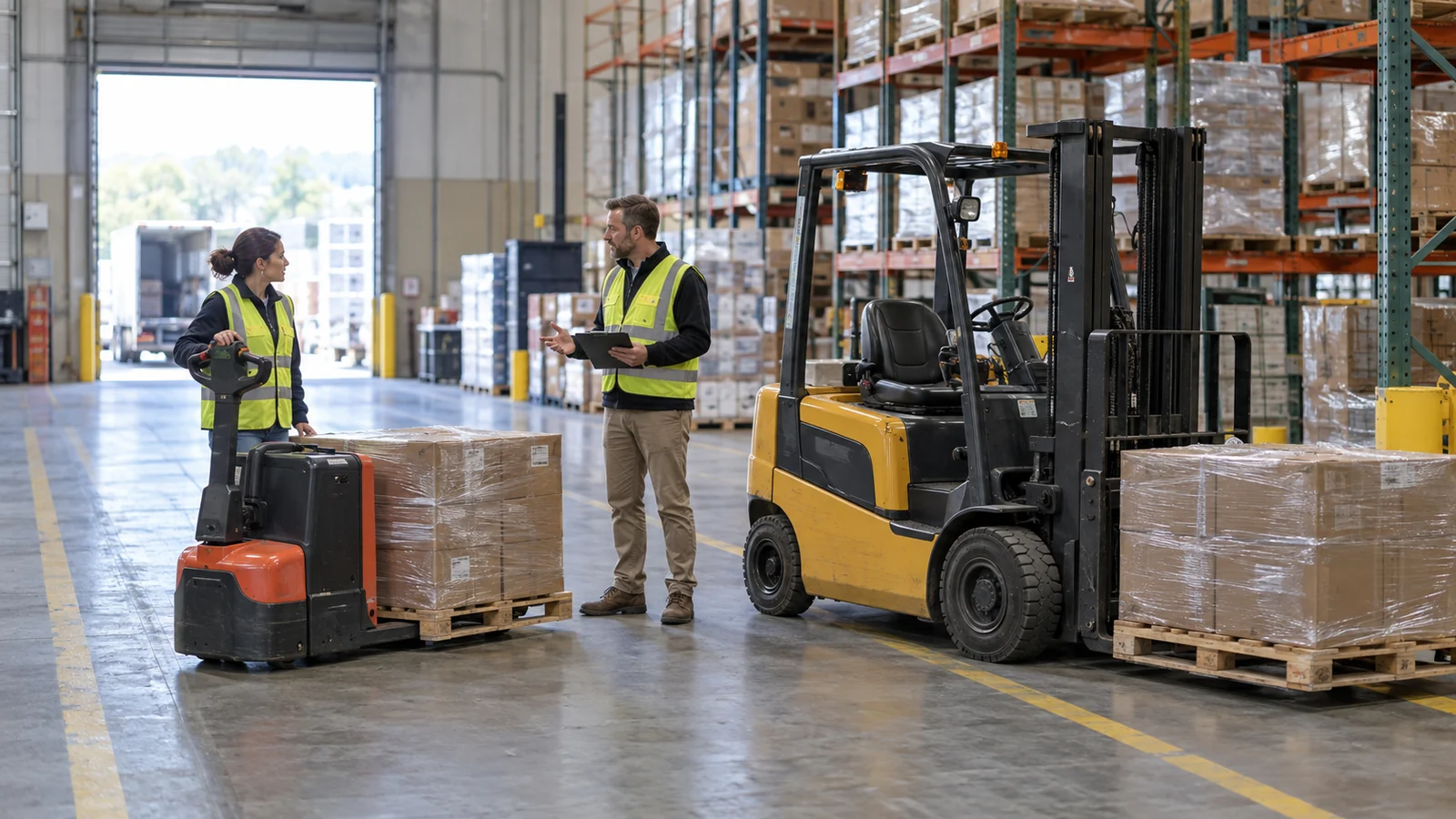 Pallet jack, walkie stacker and forklift working in a warehouse aisle