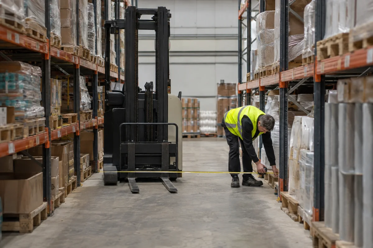 Warehouse worker measuring a clear forklift aisle beside pallet racks