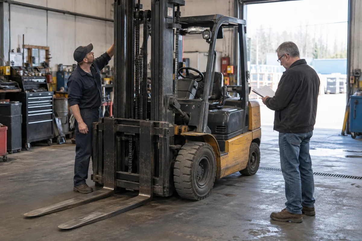 Technician and buyer inspecting a used forklift in a working warehouse