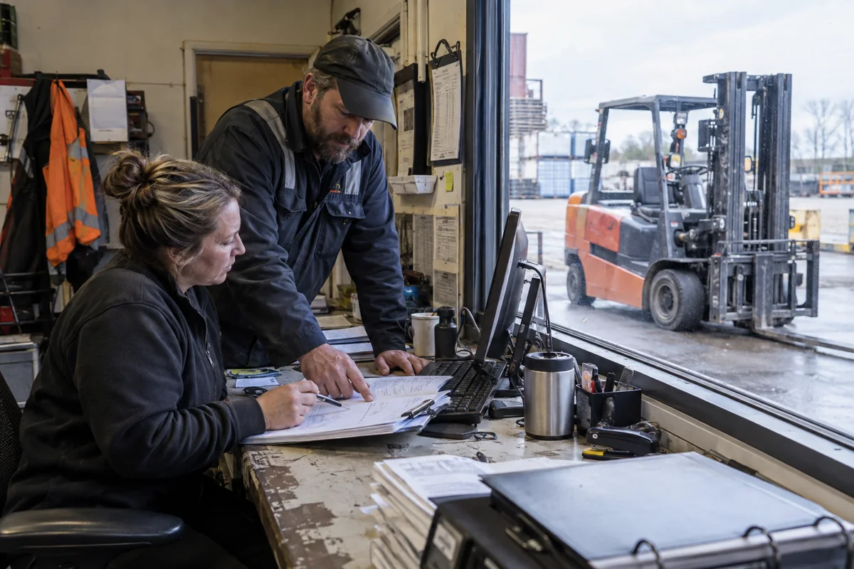 Warehouse staff reviewing forklift lease paperwork in a maintenance office
