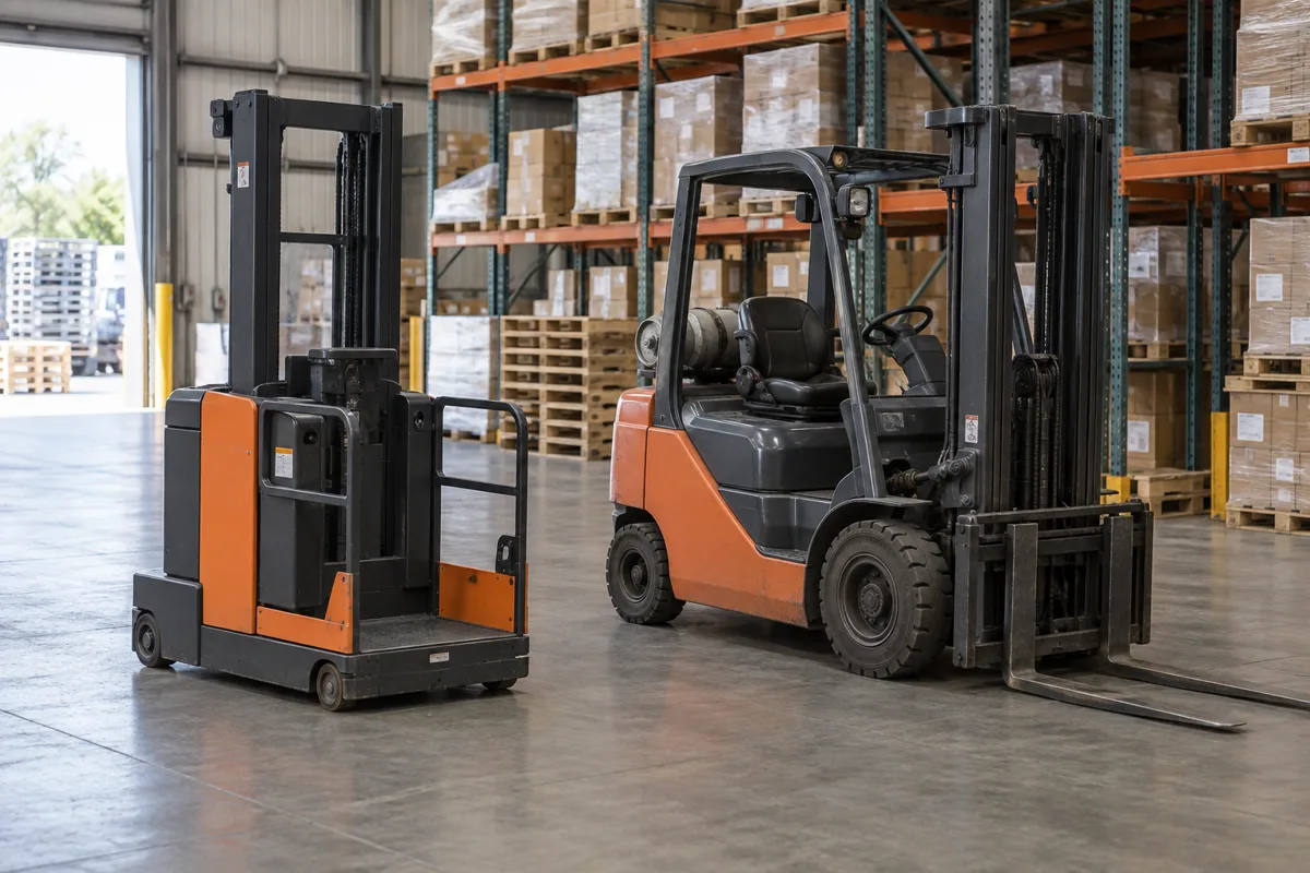 Parked order picker and counterbalance forklift in an ordinary warehouse