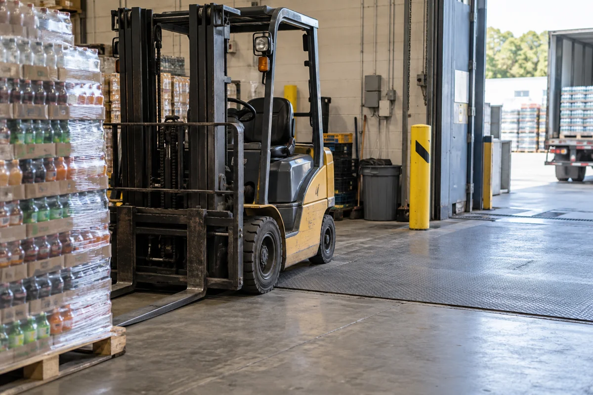 Packaged beverage pallets beside a warehouse receiving dock