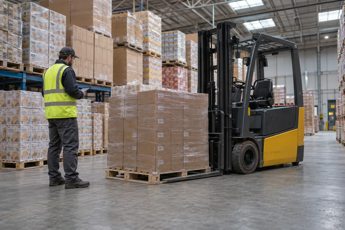 Packaged food pallets beside an electric warehouse forklift