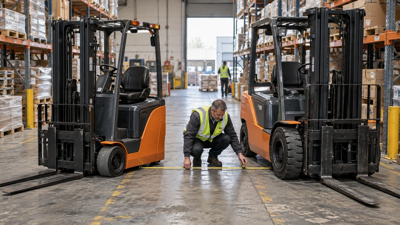 Manager measuring aisle space between compact and larger electric forklifts